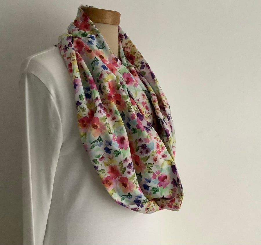 100% Fine COTTON  lawn infinity scarf. ' Wildflowers' . Multicoloured . Floral.