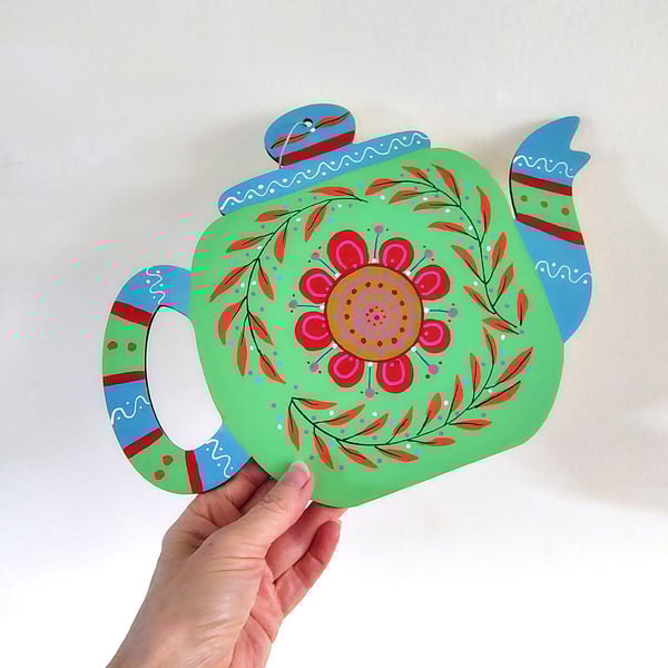 Hand painted wooden hanging teapot decoration flower folk art wall art