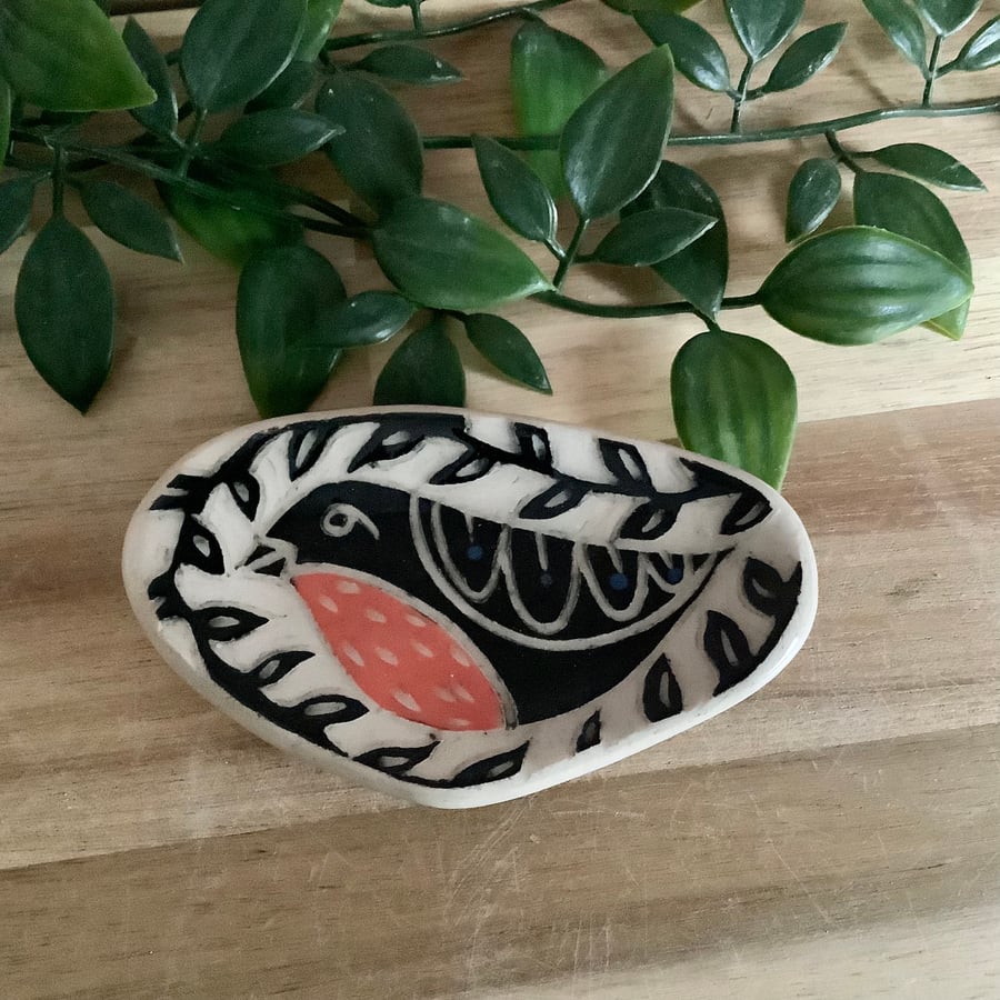 Handmade stoneware green Robin bird leaf trinket ring jewellery dish home decor