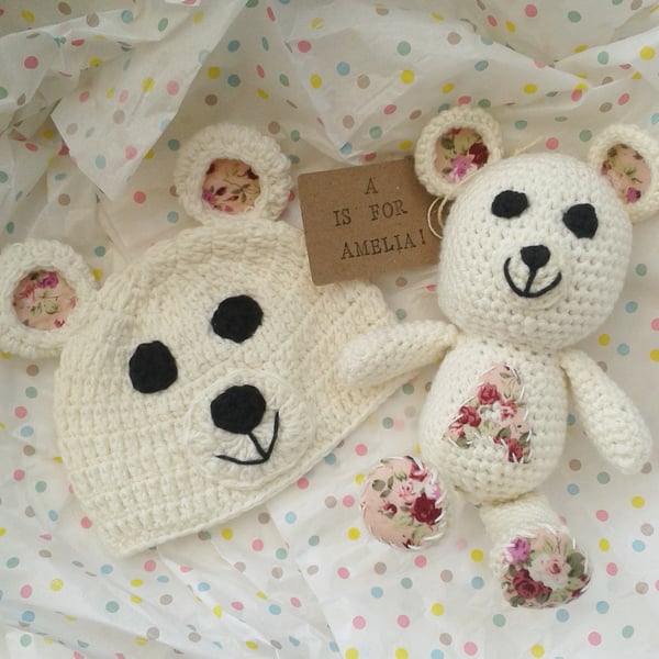 Personalised baby girl premium floral bear & hat gift set , nursery decoration