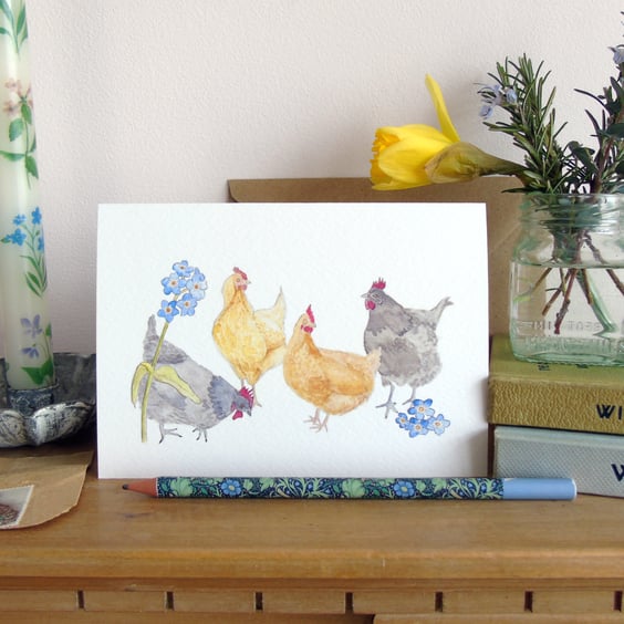Hens and forget me nots Easter card 