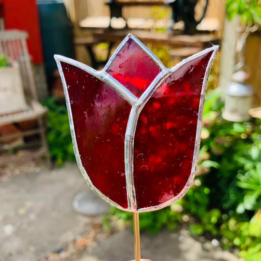 Stained  Glass Tulip Stake Large - Handmade Plant Pot Decoration -  Red 