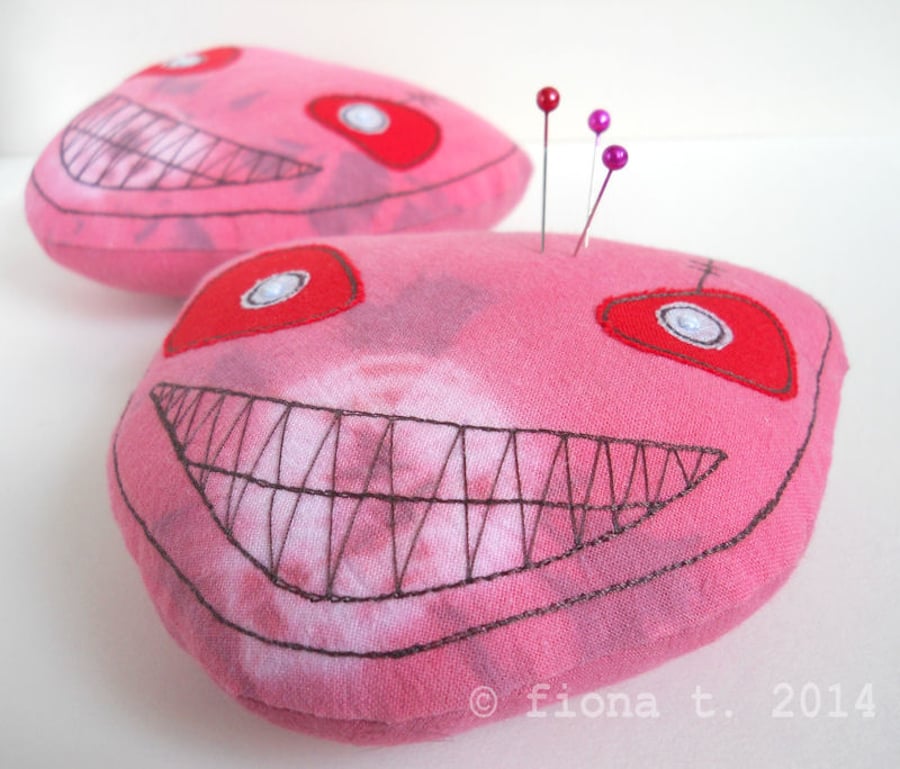 freehand embroidered zombie head pincushion - blood red