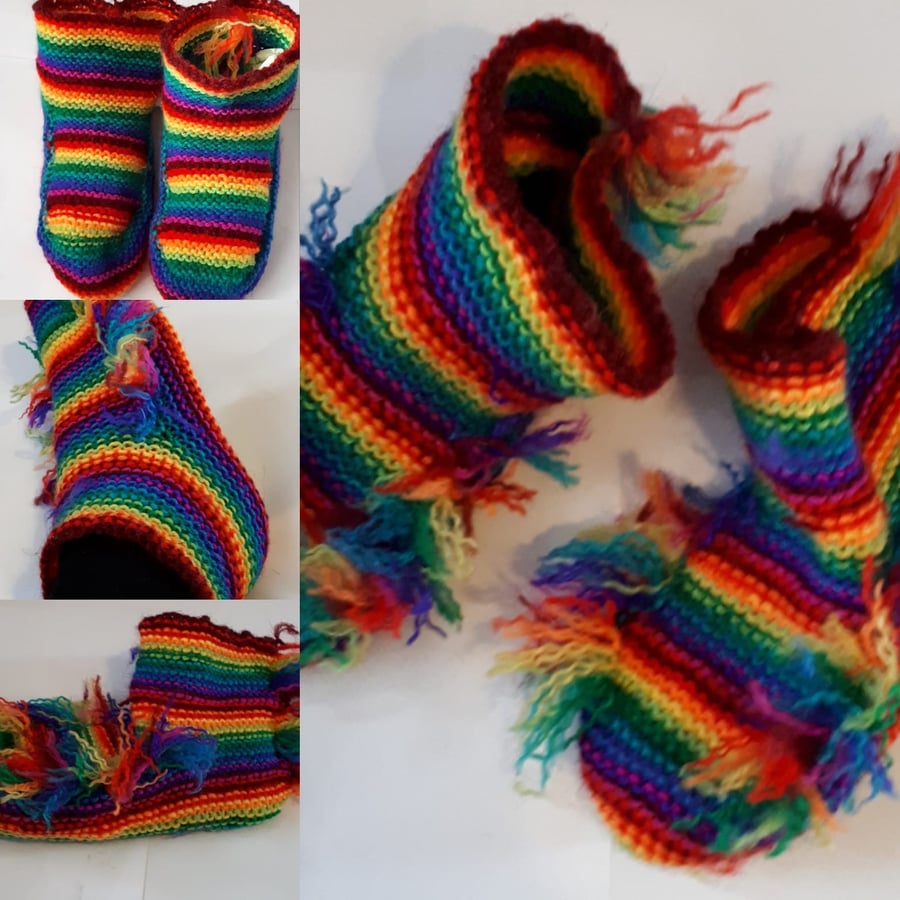 Hand knitted rainbow striped tastled baby adult ladies booties slipper socks