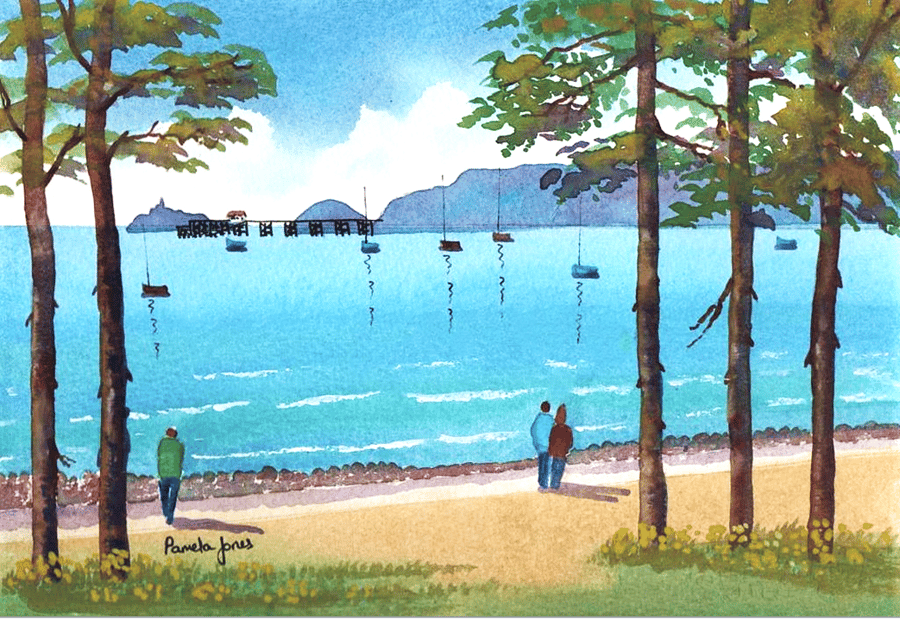Stroll To Mumbles, Swansea Bay,Wales - Watercolour Print in 20 x 16'' Mount