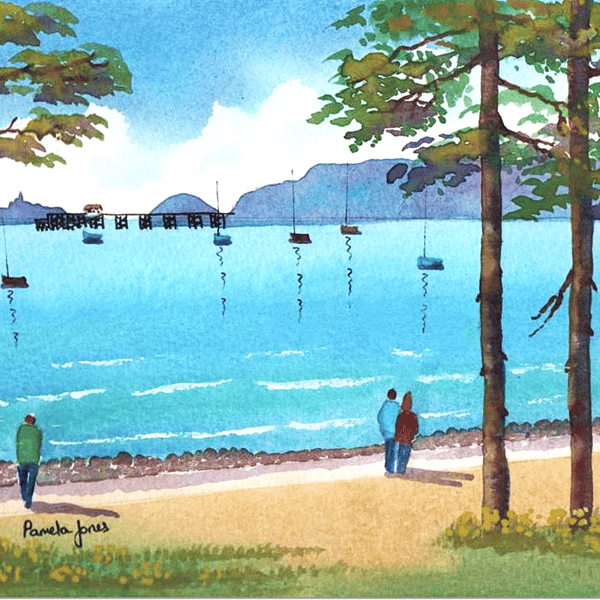 Stroll To Mumbles, Swansea Bay,Wales - Watercolour Print in 20 x 16'' Mount