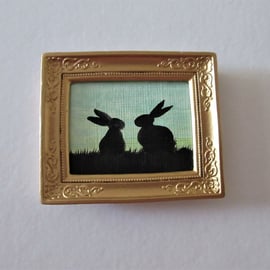 Doll House Miniature Original Painting Framed with Bunny Silhouette Rabbit 