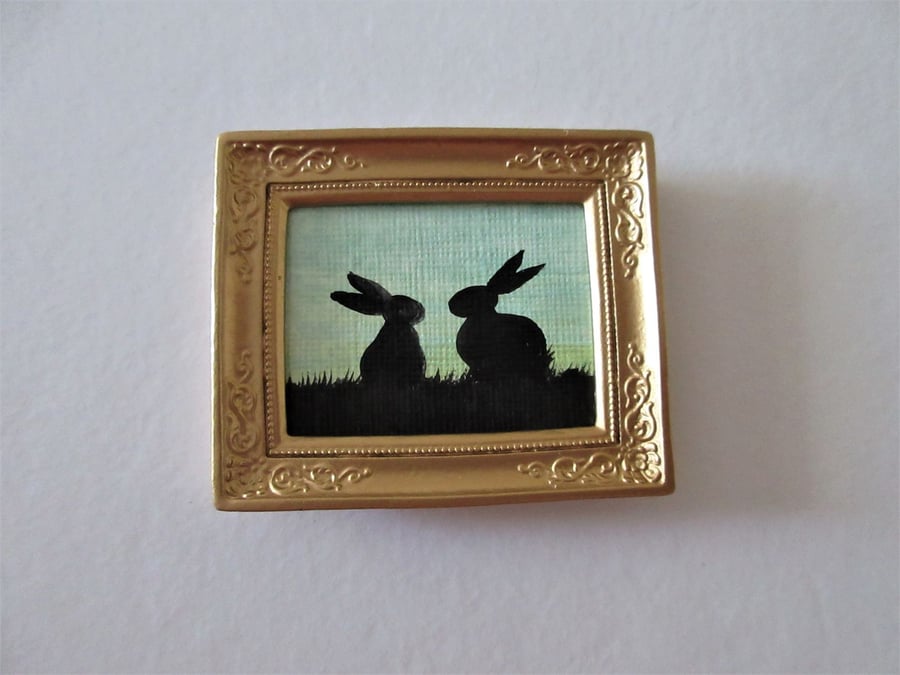 Doll House Miniature Original Painting Framed with Bunny Silhouette Rabbit 