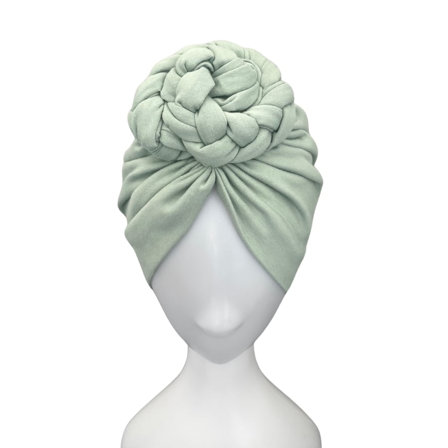 Mint Green Turban Hat, Jersey Turban for Women, Stylish Braided Knot Turban