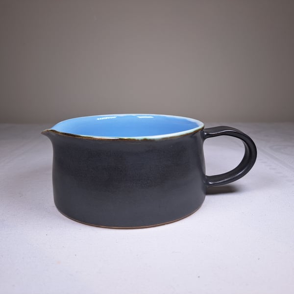 HAND MADE POTTERY  SAUCE BOAT, GRAVY BOAT - pale blue and charcoal glaze