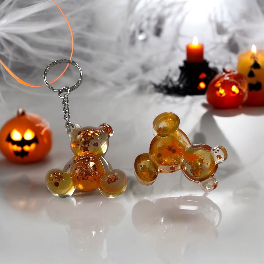 Halloween Keyring, Cute Orange Teddy Bear Bag Charm, Resin Glitter Keychain