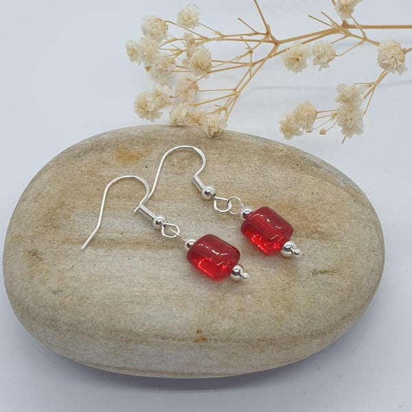 silver plated earrings with mini retangular red glass beads 