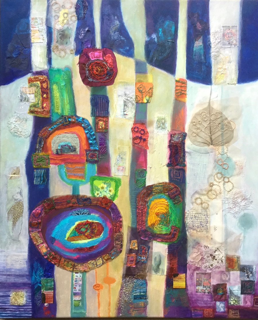  Abstract Art, mixed media with embroidery inspired by Hundertwasser