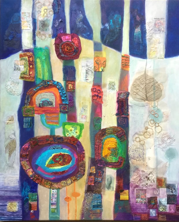 Abstract Art, mixed media with embroidery inspired by Hundertwasser