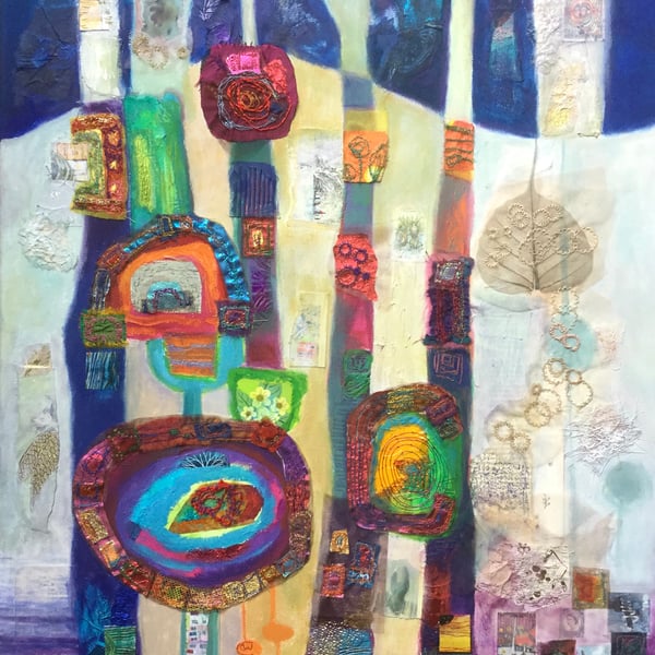  Abstract Art, mixed media with embroidery inspired by Hundertwasser