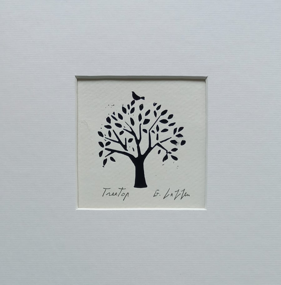 Treetop, Black Mini Linocut, Mounted Original Lino Print, Giuliana Lazzerini