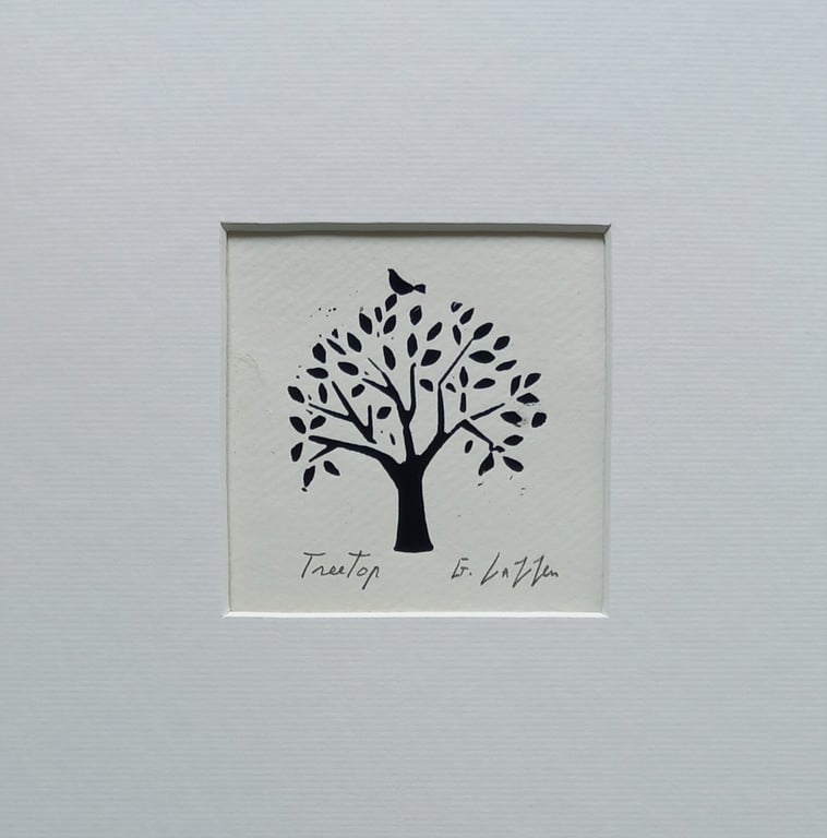 Treetop, Black Mini Linocut, Mounted Original Lino Print, Giuliana Lazzerini