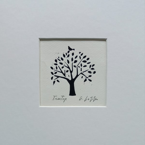 Treetop, Black Mini Linocut, Mounted Original Lino Print, Giuliana Lazzerini