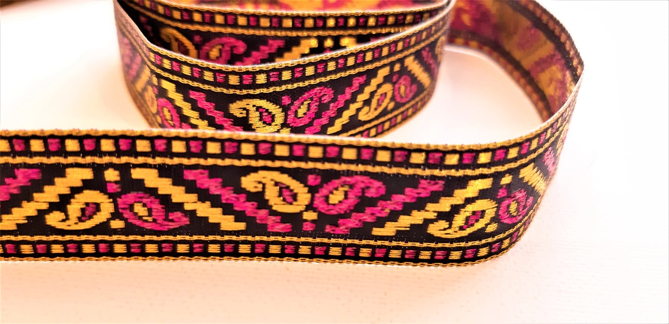 Embroidered Ribbon Braid Trim, Gold Pink & Black Paisley, 3 Metres, 21mm Wide