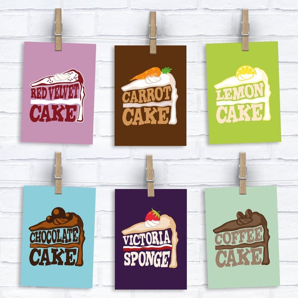 Set of 6 Cake Slice Themed Birthday Cards Word Art Card - Mum - Dad - Daughter -