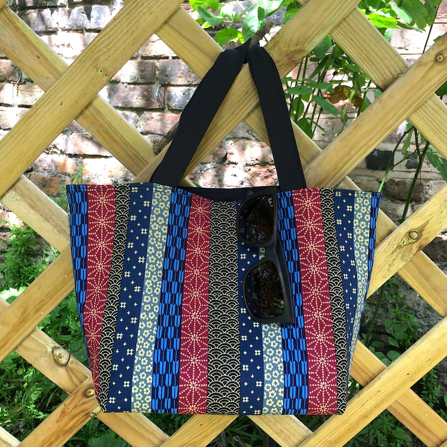 Small Tote Bag Japanese Patterned Fabric Stripes 