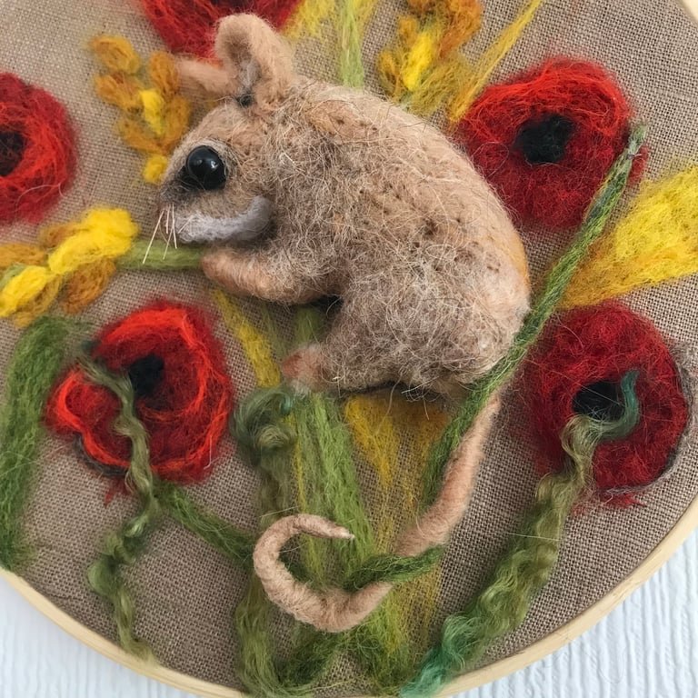 Mouse needle felted picture with poppies 