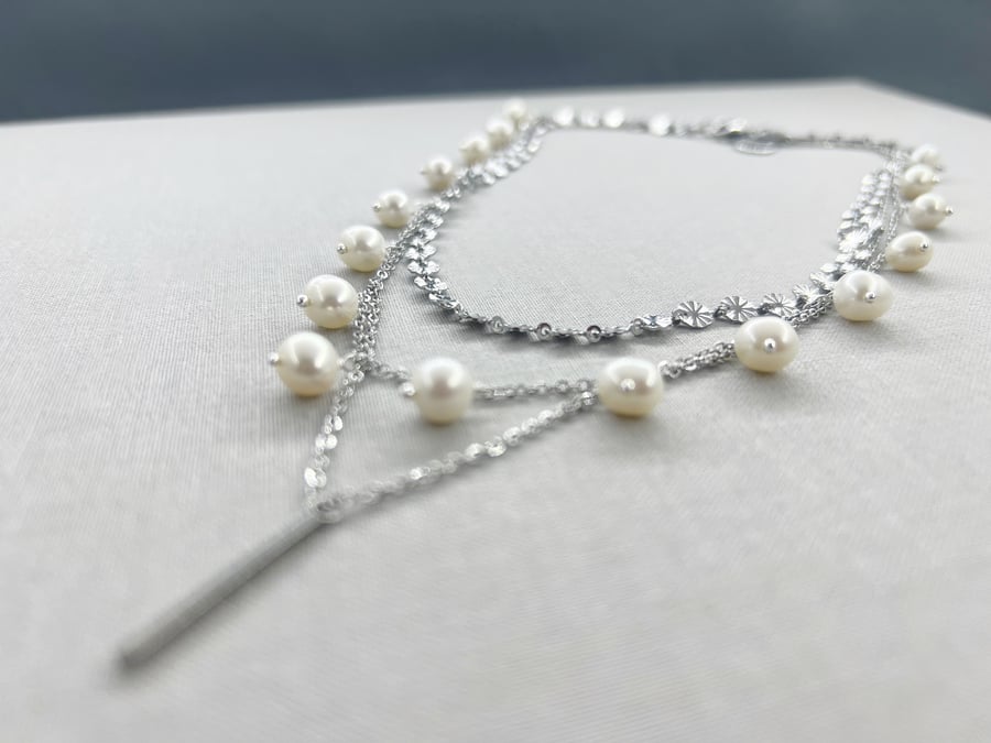 3 Layer Stainless Steel Necklace With Cultured Pearls