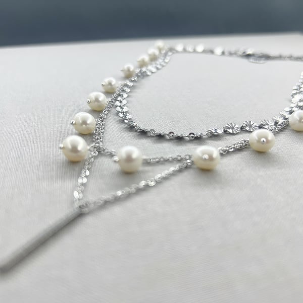 3 Layer Stainless Steel Necklace With Cultured Pearls