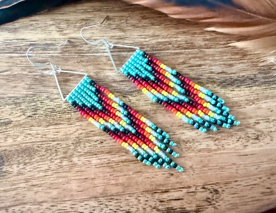 Colourful beaded fringe earrings in a Native American chevron design