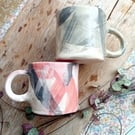 Small rustic mugs,tea cup, Japanese stylr design red grey black, set of 2