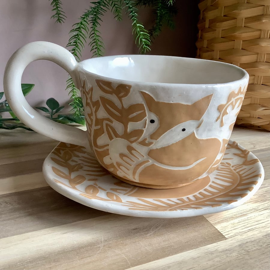 Handmade stoneware Fox and fern tea cup and saucer set orange 