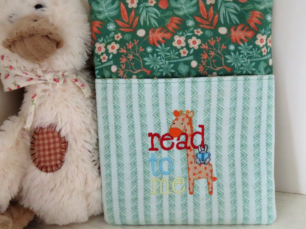 Fabric, Quilted Book Sleeve, Children's Embroidered, Reading Sentiment.