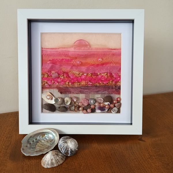 Pink Sunset landscape seascape Mixed Media Framed Art sustainably made