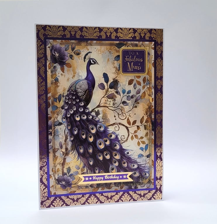 Mum Birthday Card - To a Fabulous Mum - Luxury Handmade Peacock Birthday Card