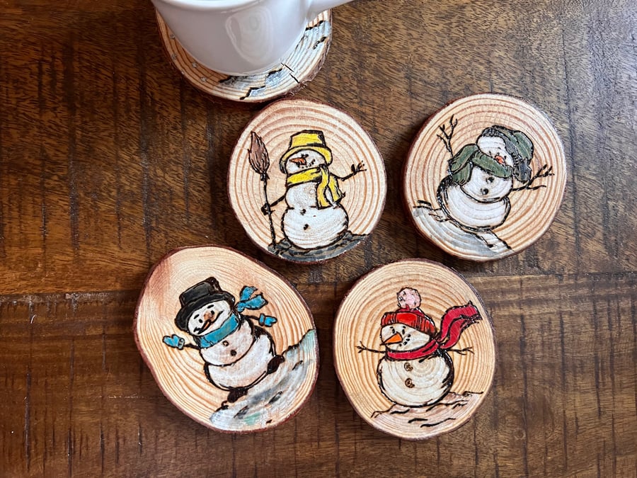 Set of 4 Snowman, Hand burnt and painted wooden coasters 