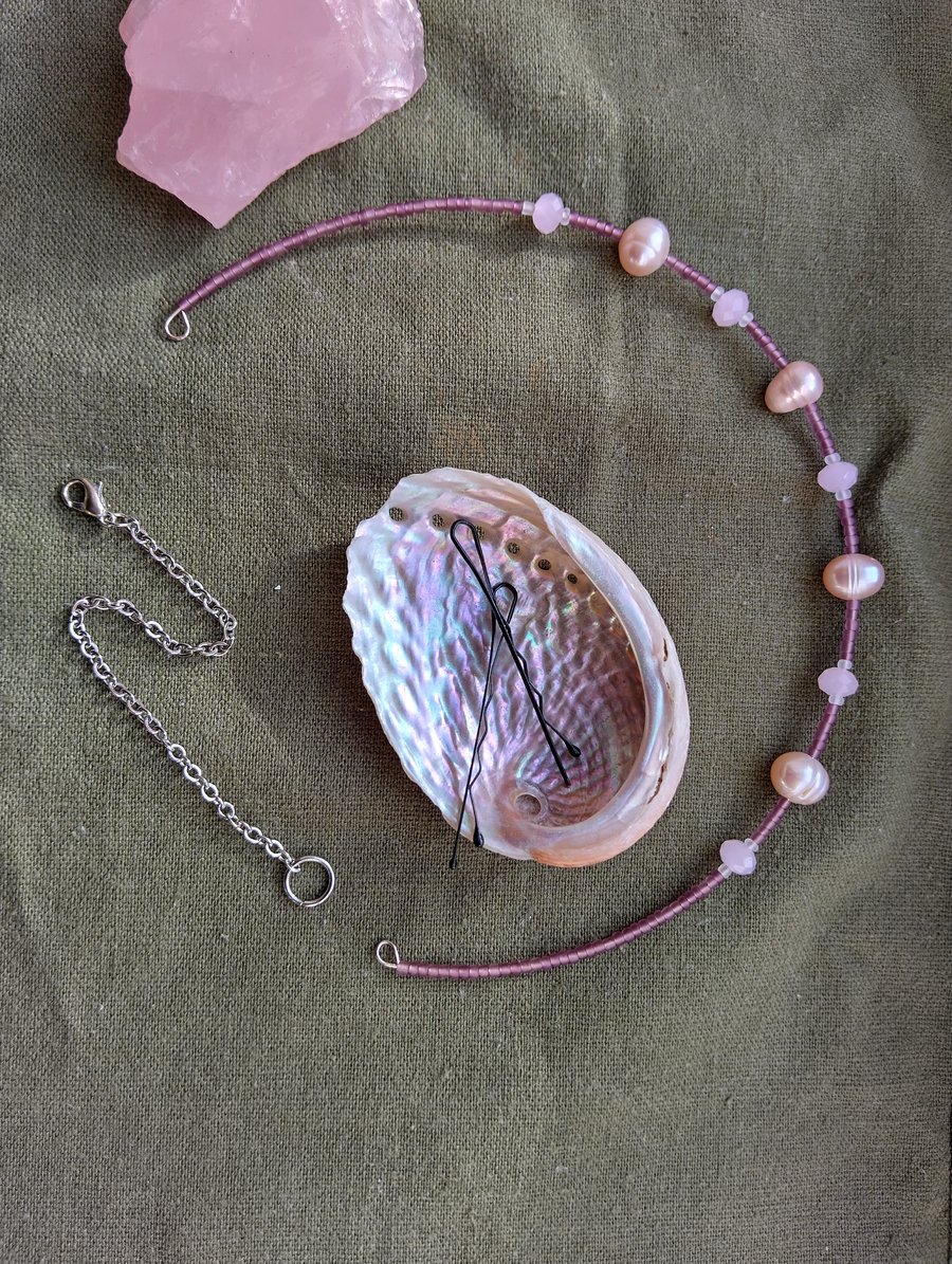 Pale Pink Pearl and Rose Quartz Headband or Necklace 