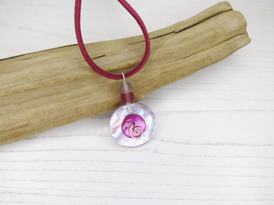 Lilac and Hot Pink Shell Button Pendant on Pink Faux Suede Necklace