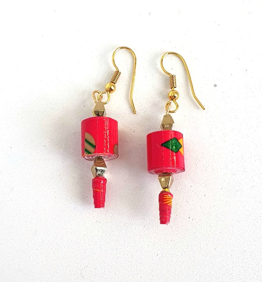 Red paper beaded earrings in the style of Chinese lanterns