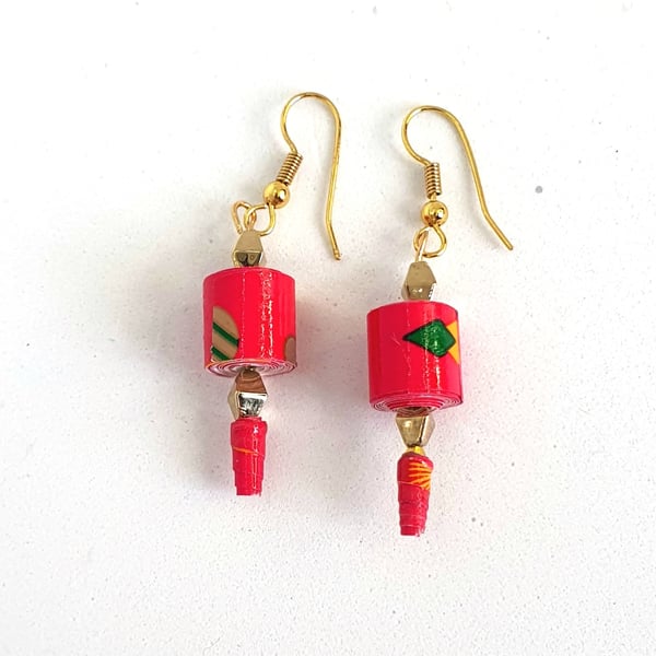 Red paper beaded earrings in the style of Chinese lanterns
