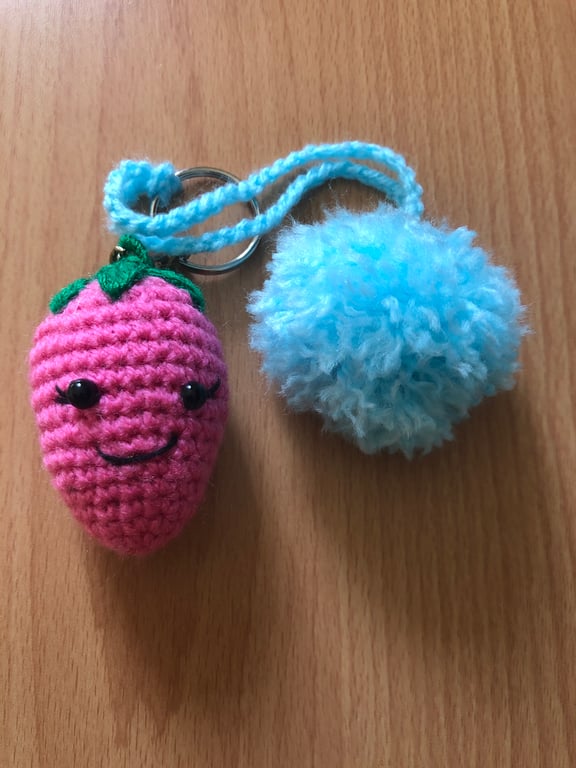 Crochet Blue Pom-Pom & Strawberry Keyring