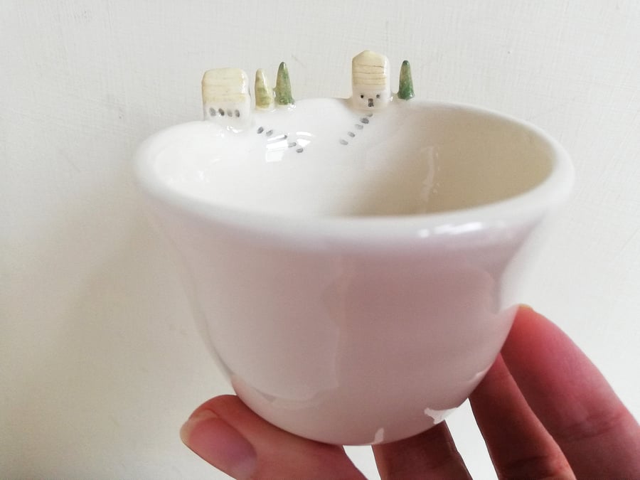 Ceramic tealight wth church house and trees, Christmas candle holder gift 