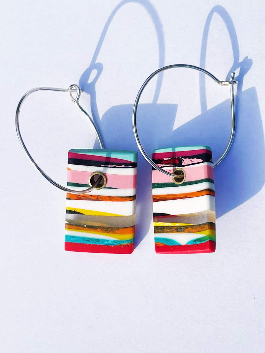 Layered resin hoop earrings. Handcarved multicolour.