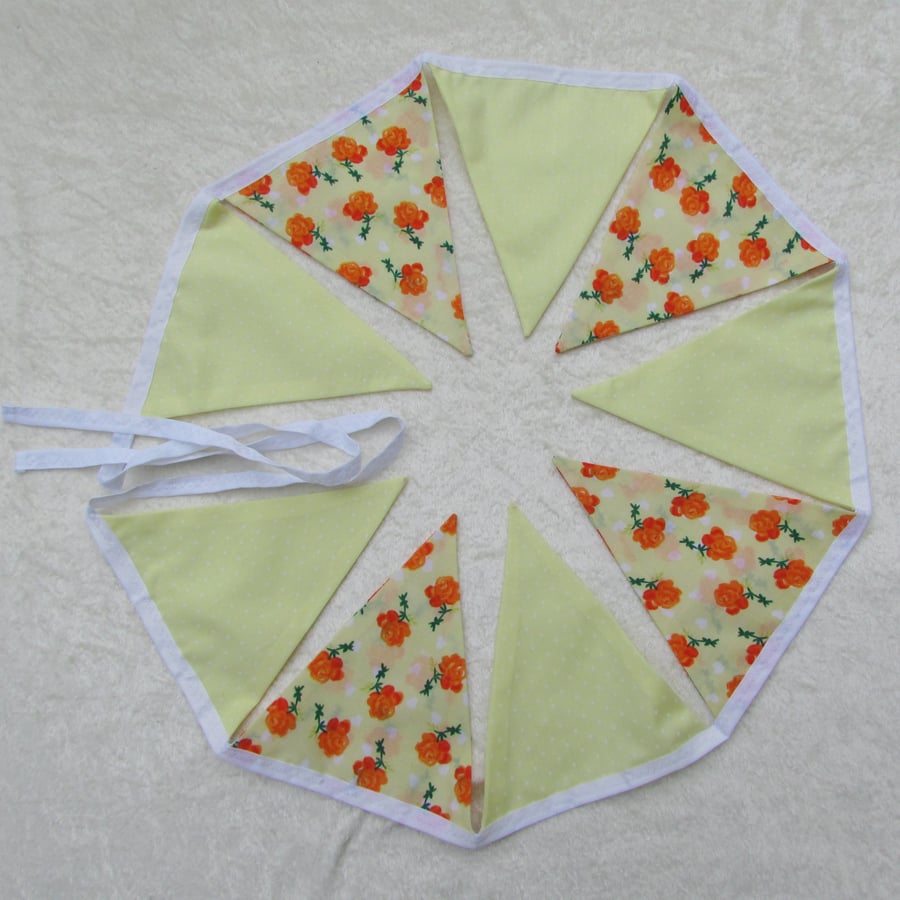 SALE, Lemon yellow polka dot and orange roses bunting