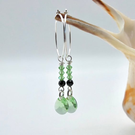 Black Spinel, Sterling Silver & Crystal Hoop Earrings, August Birthstone Gift
