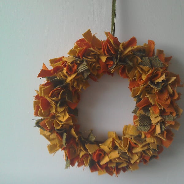 Harris Tweed autumn colours wreath, orange, yellow and green