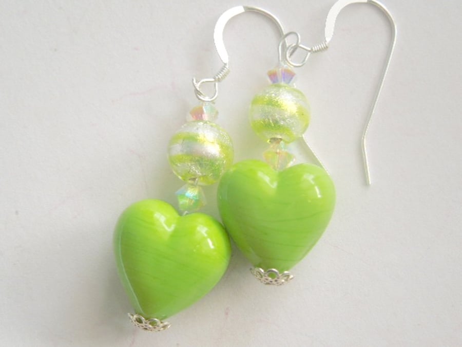 Murano glass green handmade heart earrings with Swarovski and sterling silver.