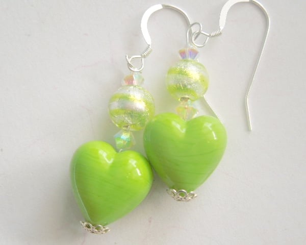 Murano glass green handmade heart earrings with Swarovski and sterling silver.