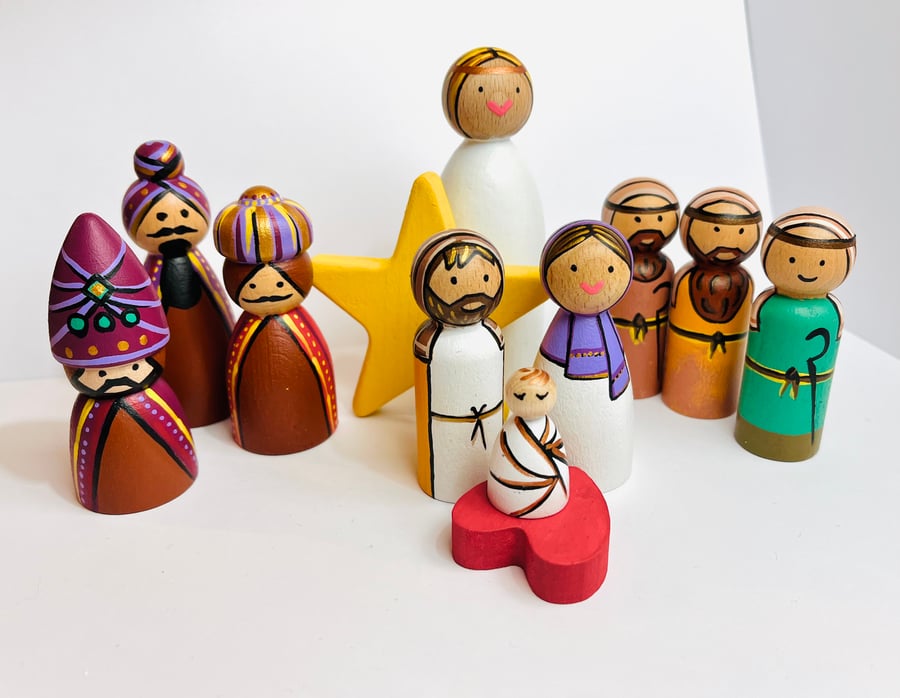 Colourful Christmas Nativity Set including Shepherds, Kings, the Angel and Star.