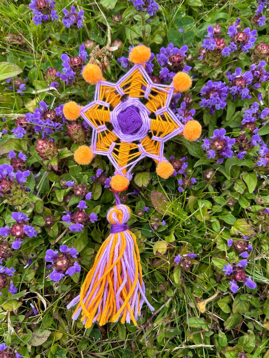 Mini Ojo de Dios mandala fridge magnet purple and orange. 