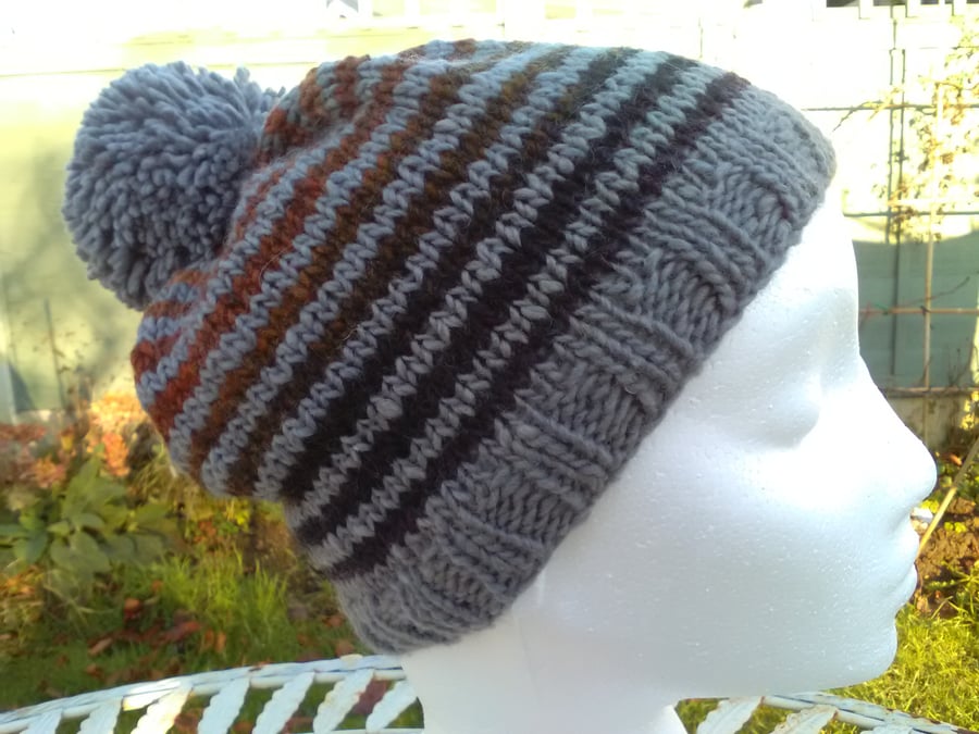 Handknit Noro Stripey Bobble Hat 100% wool Terracotta Grey Medium